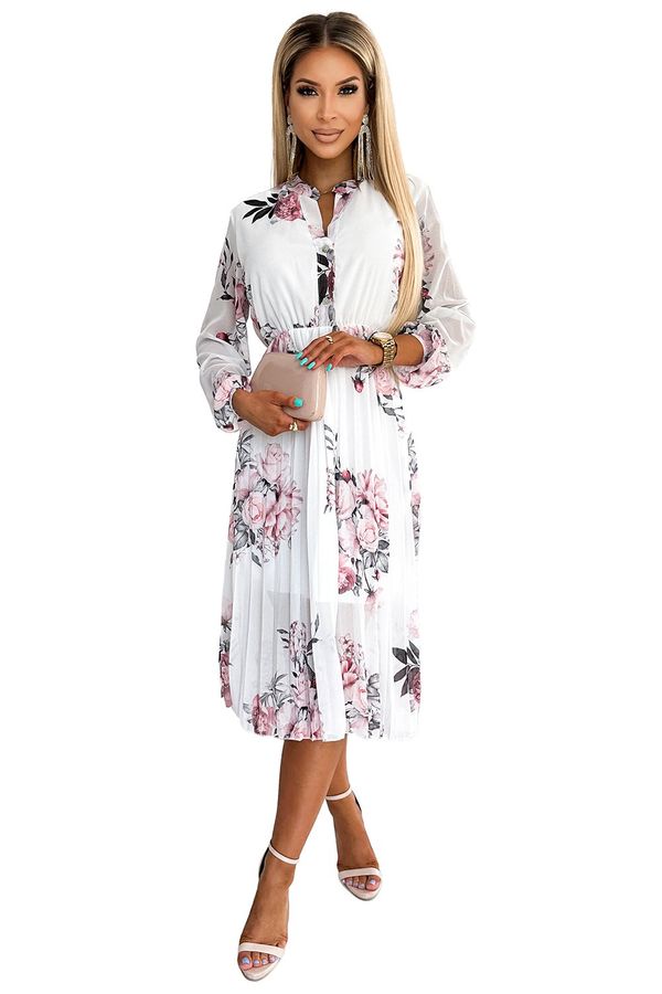 NUMOCO Pleated midi dress with buttons and long sleeves Numoco