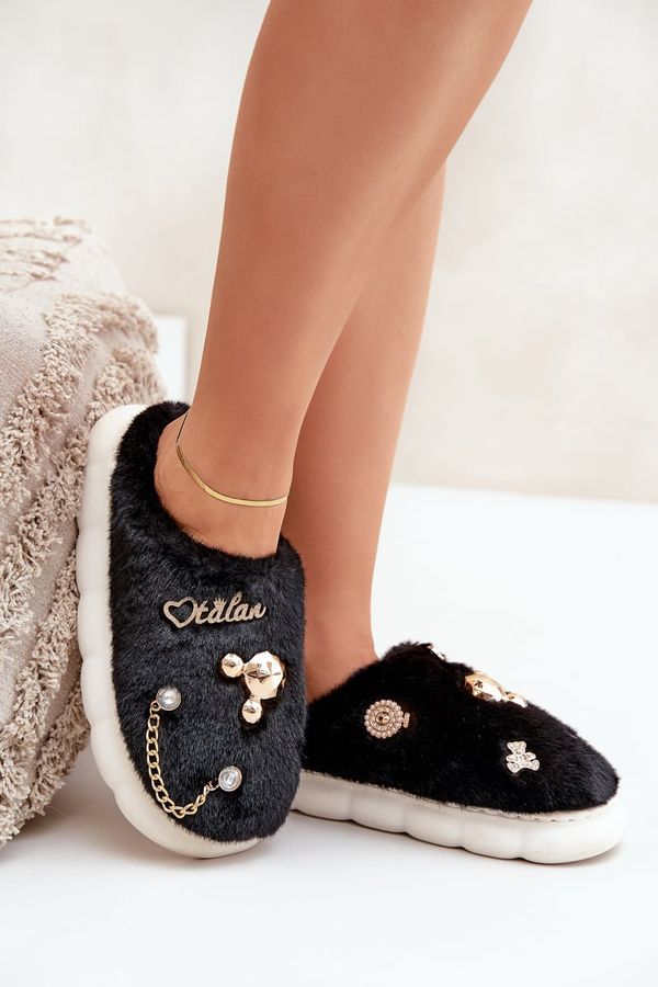 PS1 PS1 Furry Slippers With Bows Black Ivelfedi