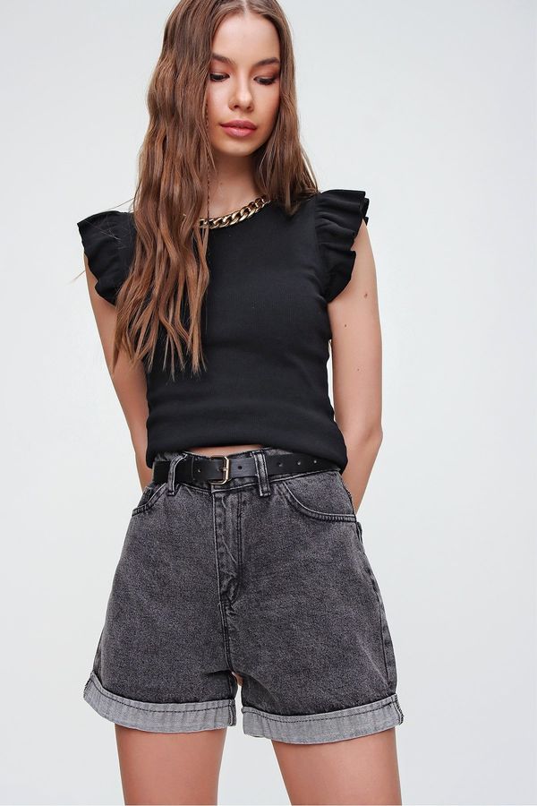 Trend Alaçatı Stili Trend Alaçatı Stili Women's Anthracite Double Leg High Waist Denim Shorts