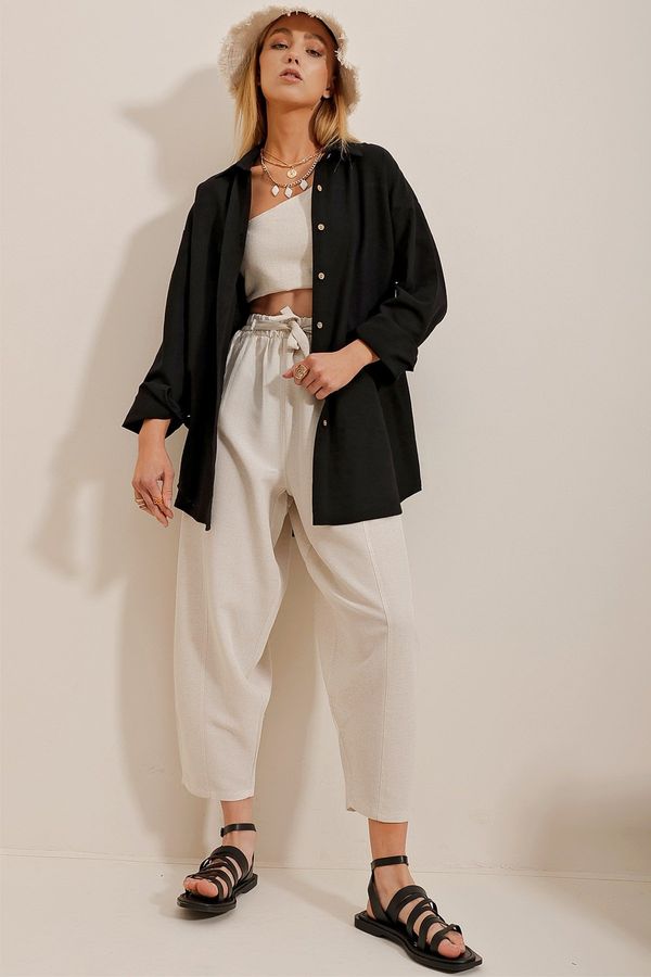 Trend Alaçatı Stili Trend Alaçatı Stili Women's Black Oversized Linen Shirt