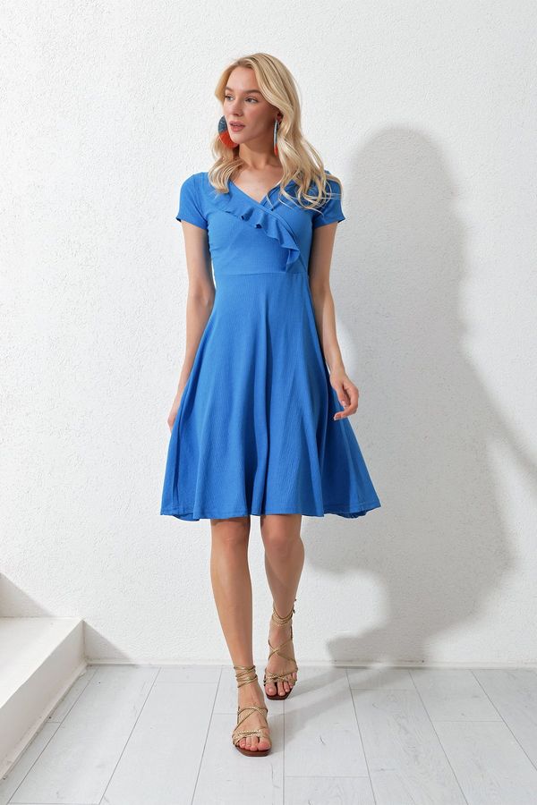 Trend Alaçatı Stili Trend Alaçatı Stili Women's Blue V-Neck Frilly Midi Length Knitted Dress