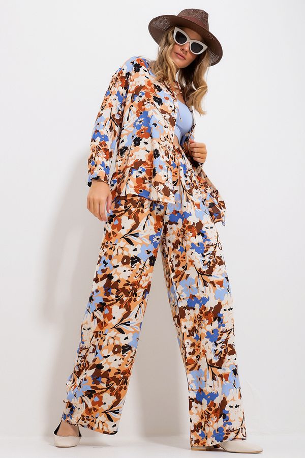 Trend Alaçatı Stili Trend Alaçatı Stili Women's Cinnamon Patterned Shirt And Trousers Bottom Top Woven Suit