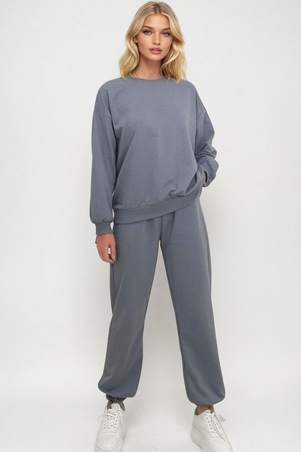 Trend Alaçatı Stili Trend Alaçatı Stili Women's Dyed Gray Bike Neck Waist and Leg Elastic Basic Tracksuit