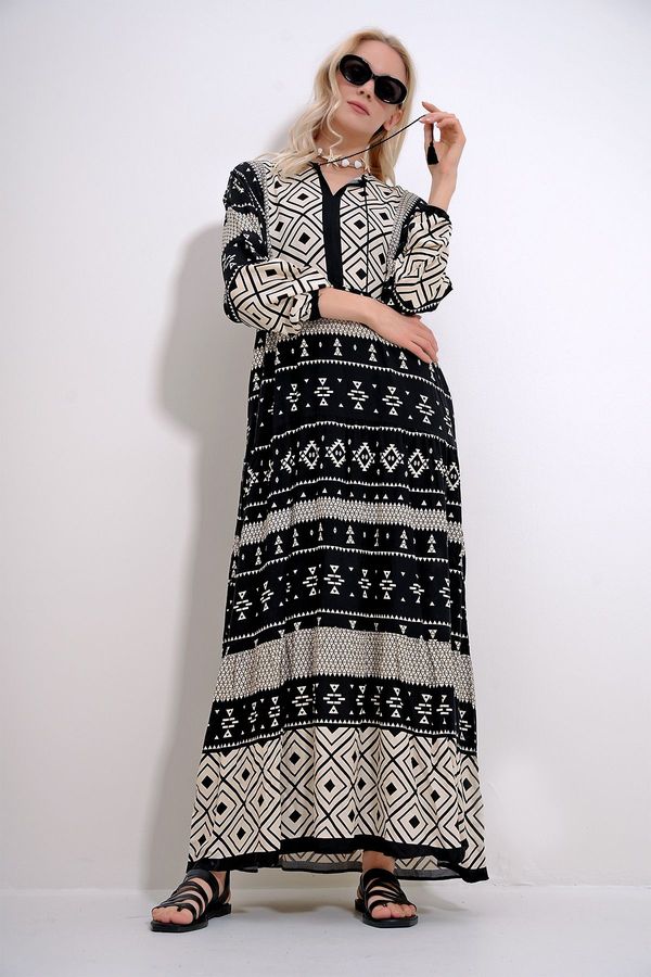 Trend Alaçatı Stili Trend Alaçatı Stili Women's Ecru-Black Collar Tassel Detailed Layered Flounced Ethnic Patterned Woven Viscose Dress