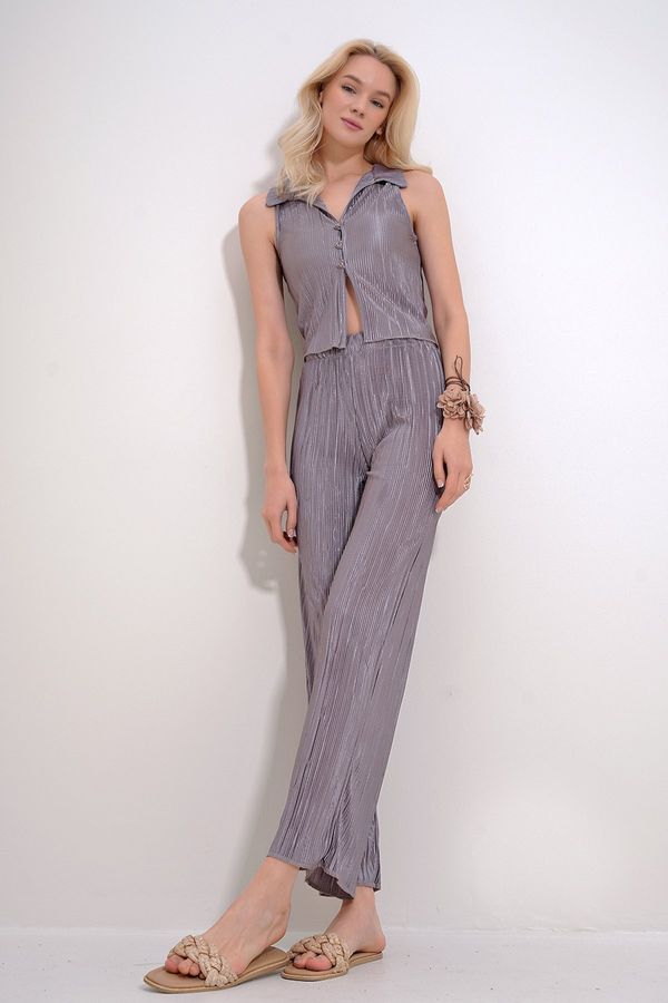 Trend Alaçatı Stili Trend Alaçatı Stili Women's Mink Pleated Shirt And Palazzo Trousers Double Suit