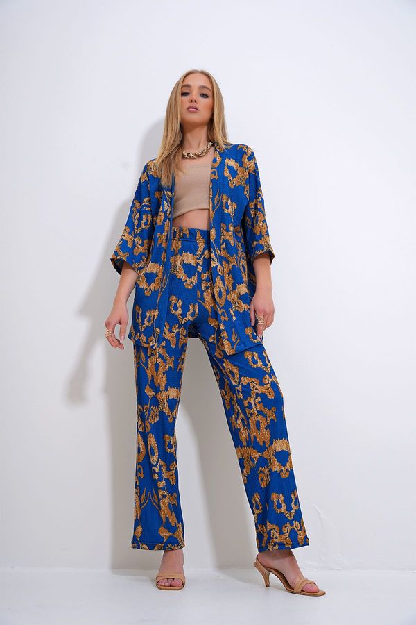Trend Alaçatı Stili Trend Alaçatı Stili Women's Saks Patterned Crinkle Kimono Jacket Set