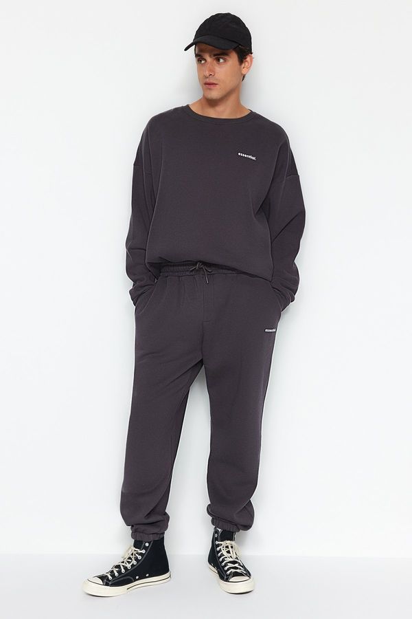 Trendyol Trendyol Anthracite Men's Tracksuit Set Oversize/Wide Cut Text Printed with Fleece Inside