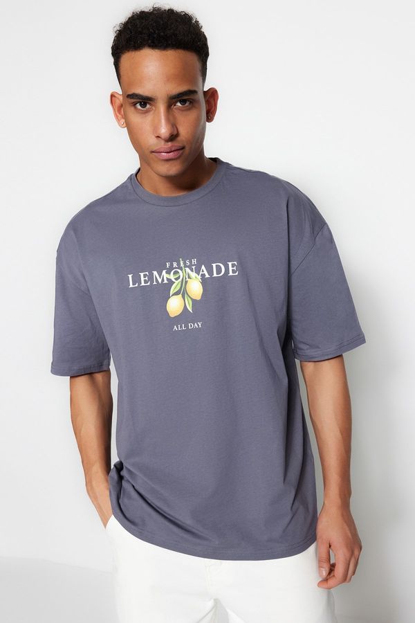 Trendyol Trendyol Anthracite Oversize Crew Neck Short Sleeve Printed T-Shirt