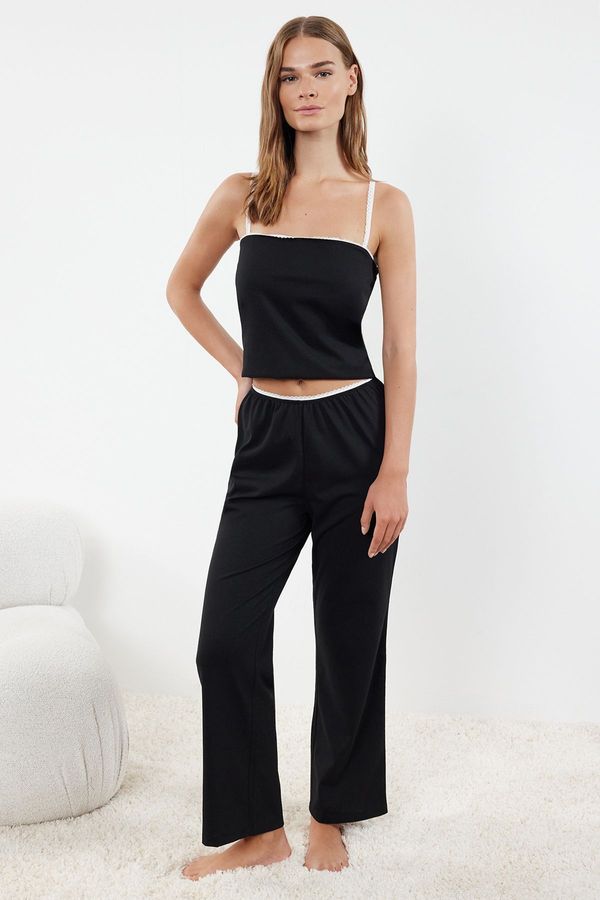 Trendyol Trendyol Black Cotton Lace Rope Strap Knitted Pajama Set