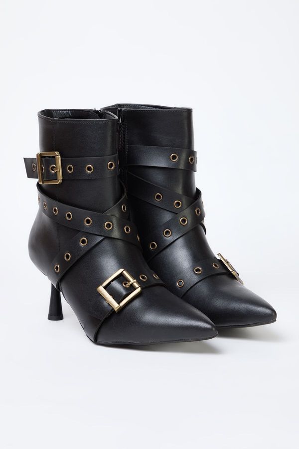 Trendyol Trendyol Black Eyelet and Antique Buckle Detailed Thin Heel Women's Boots