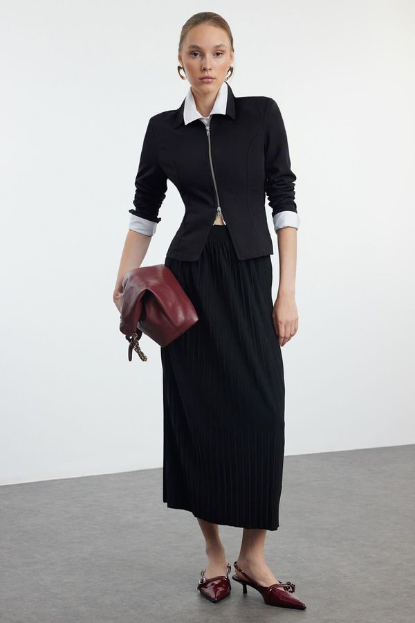 Trendyol Trendyol Black High Waist Pleated Stretchy Maxi Knitted Skirt