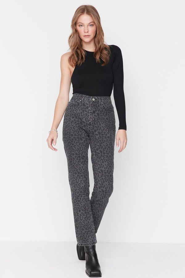 Trendyol Trendyol Black Leopard print ravne traperice visokog struka