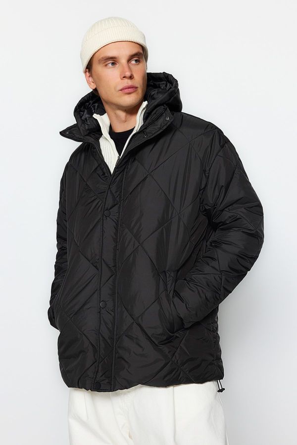 Trendyol Trendyol Black Men's oversize fit voda s kapuljačom i lagani prošiveni kaput otporan na vjetar