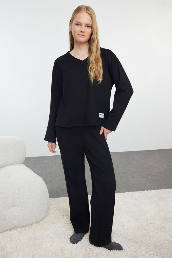 Trendyol Trendyol Black Slogan Label Detailed Waffle Knitted Pajama Set