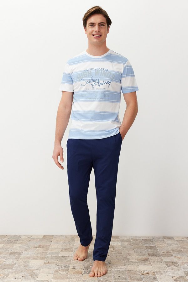 Trendyol Trendyol Blue Regular Fit Striped Knitted 100% Cotton Pajama Set