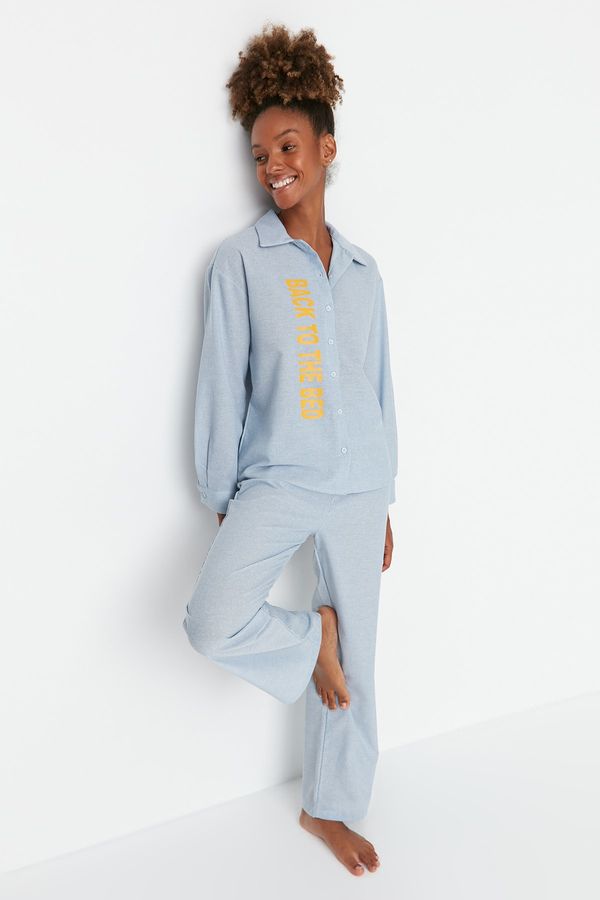 Trendyol Trendyol Blue Slogan Printed Shirt Collar Woven Cotton Pajamas Set