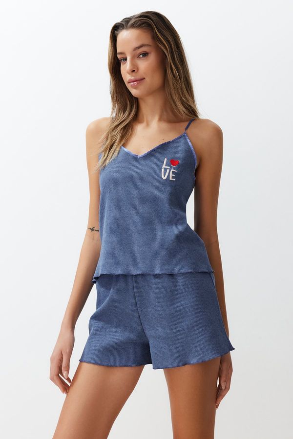 Trendyol Trendyol Blue Textured Embroidered Rope Strap Knitted Pajama Set