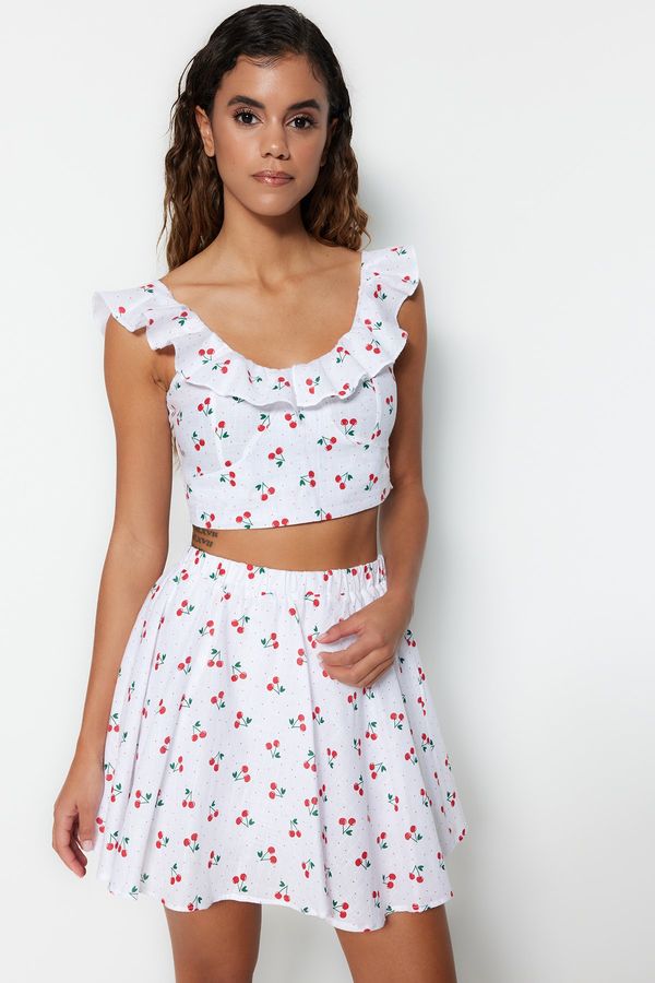 Trendyol Trendyol Bridal Fruit Patterned Woven Ruffled 100% Cotton Blouse Skirt Suit