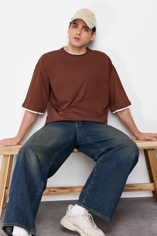 Trendyol Trendyol Brown Oversize Pocket Detailed 100% Cotton T-Shirt