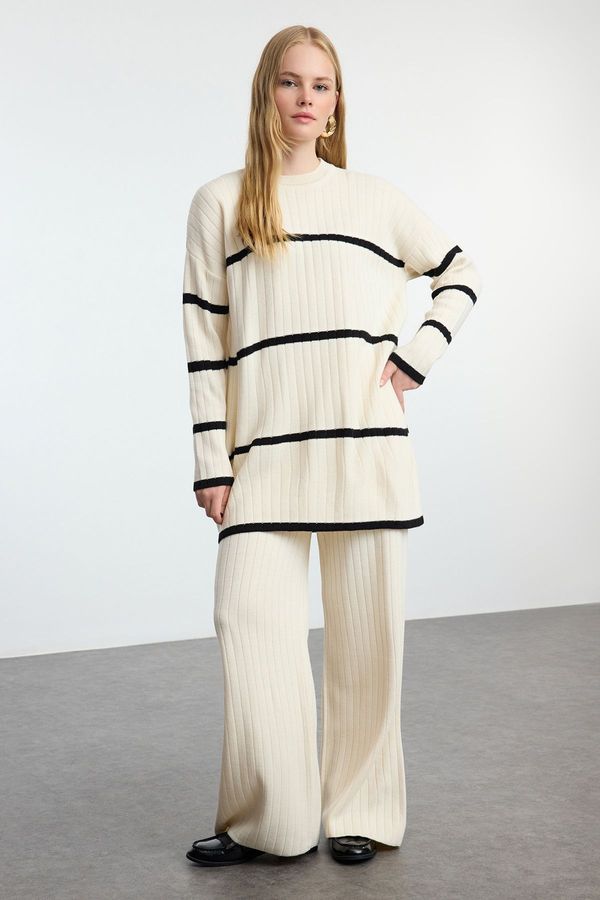 Trendyol Trendyol Cream Striped Corduroy Knitwear Bottom-Top Set