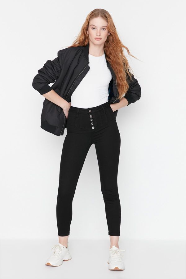 Trendyol Trendyol crne skinny traperice visokog struka s gumbima sprijeda