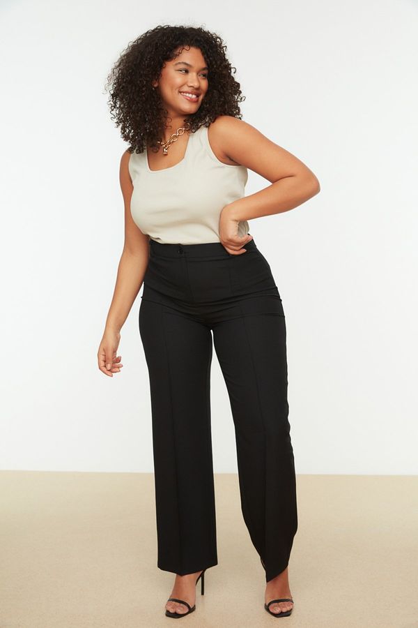 Trendyol Trendyol Curve Black High Waist Rib Stitching Flared Leg Weave Trousers