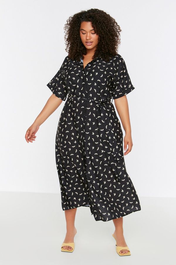 Trendyol Trendyol Curve Black Patterned Belted Slit Detailed Woven Dress