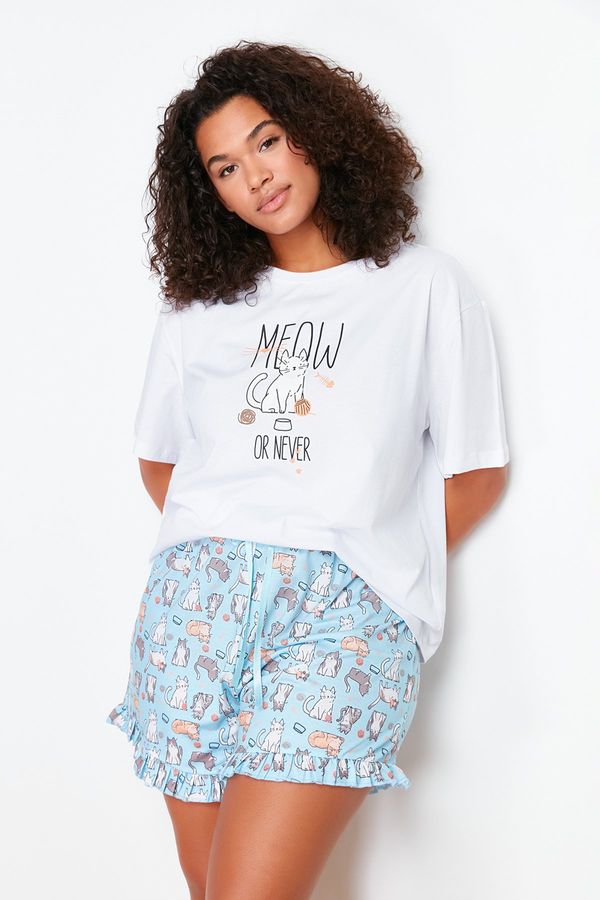 Trendyol Trendyol Curve Blue Cat Patterned Knitted Pajamas Set