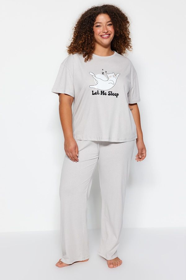 Trendyol Trendyol Curve Light Gray Printed Knitted Pajamas Set