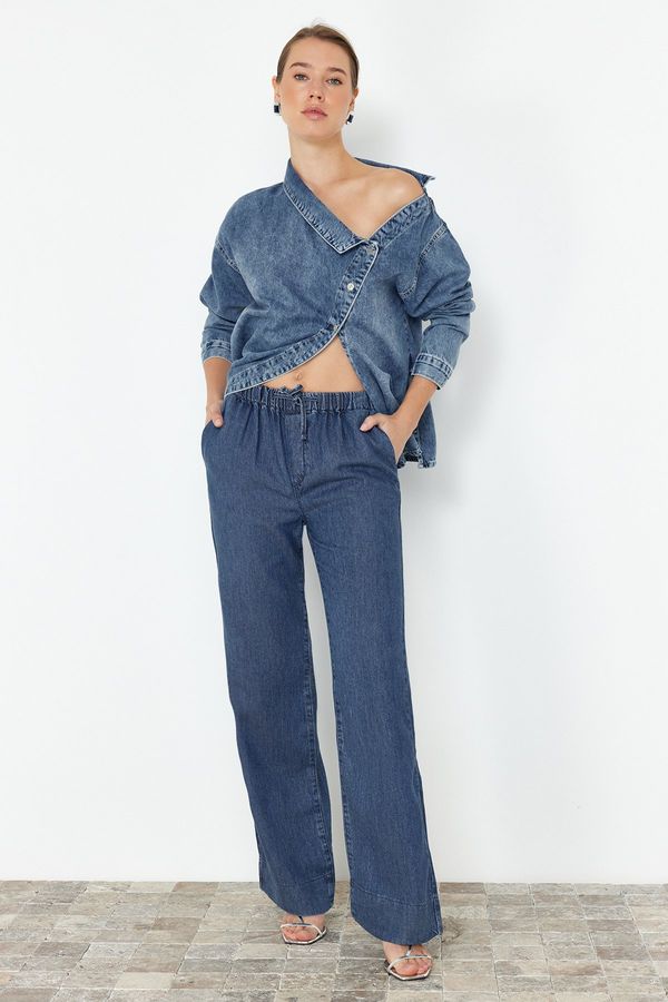Trendyol Trendyol Dark Blue 100% Tencel™ Elastic Waist High Waist Wide Leg Jeans