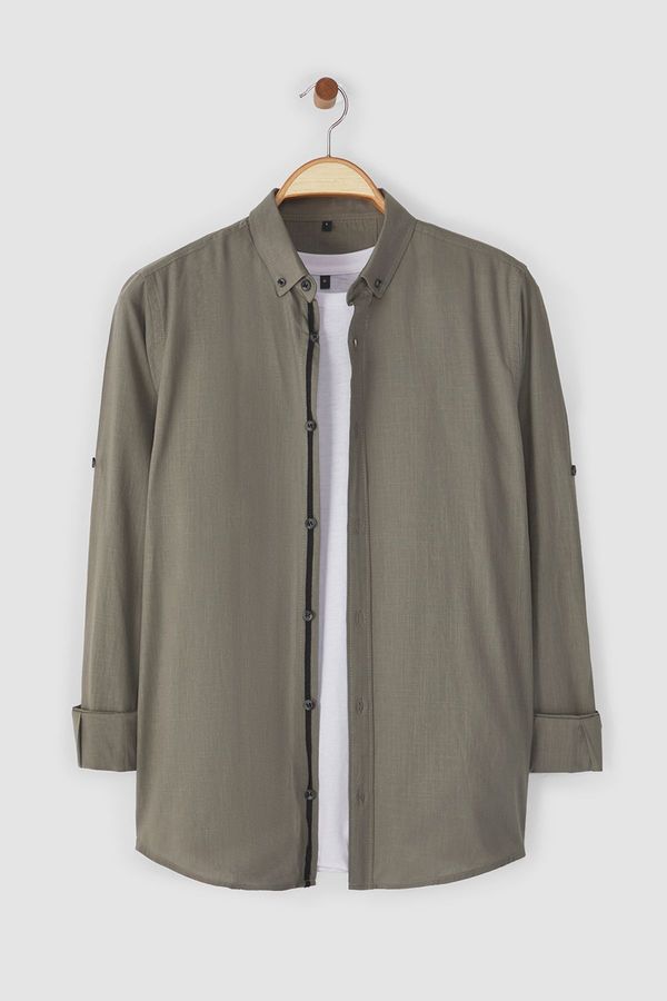 Trendyol Trendyol Dark Button-down Collar Epaulette Slim Fit Long Sleeve 100% Cotton Shirt