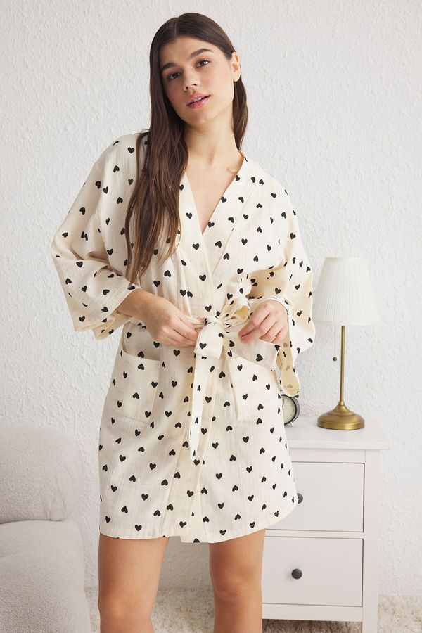 Trendyol Trendyol Ecru 100% Cotton Heart Belted Muslin Fabric Dressing gown