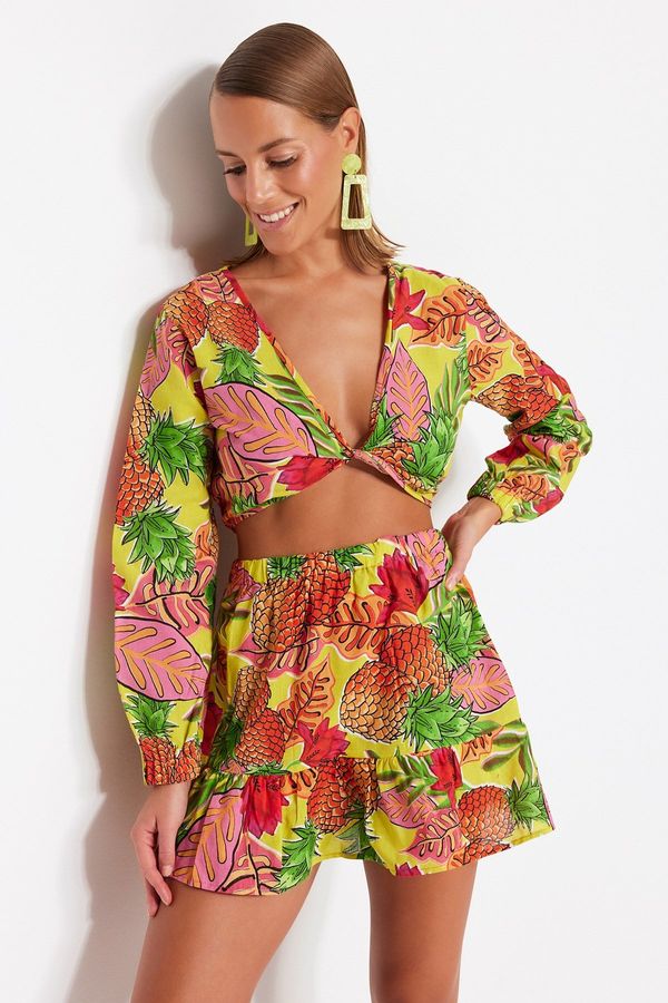 Trendyol Trendyol Fruit Patterned Woven 100% Cotton Blouse and Skirt Suit