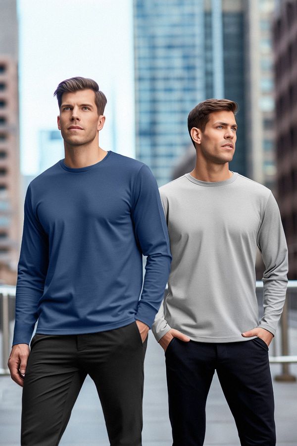 Trendyol Trendyol Grey-Indigo Muškarci 2-paket 100% pamuk dugih rukava redovita / redoviti rezani osnovni majica.