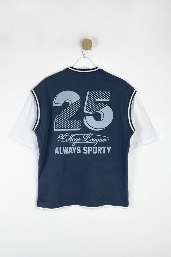 Trendyol Trendyol Indigo Oversize Cut Sleeve Detail Printed Thick 100% Cotton T-Shirt