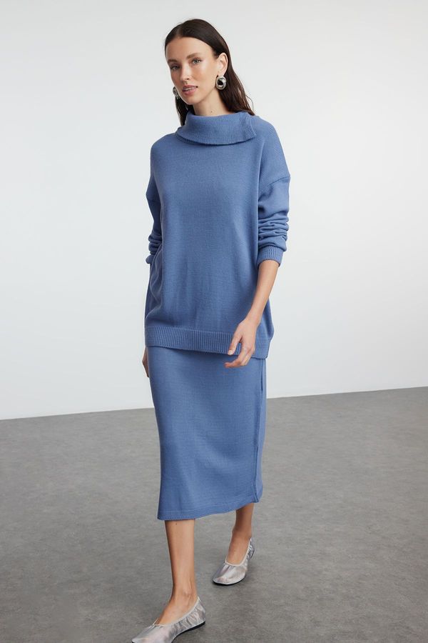 Trendyol Trendyol Indigo Wide Fit Turtleneck Trousers Knitwear Bottom-Top Set