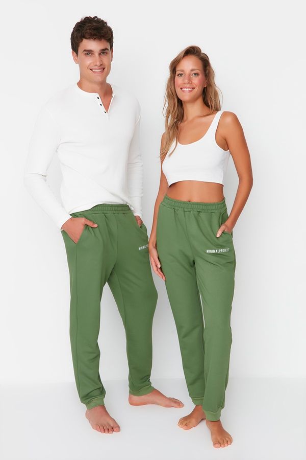Trendyol Trendyol kaki unisex redoviti / normalno rezani tiskani pletene elastične noge debele pamučne trenirke