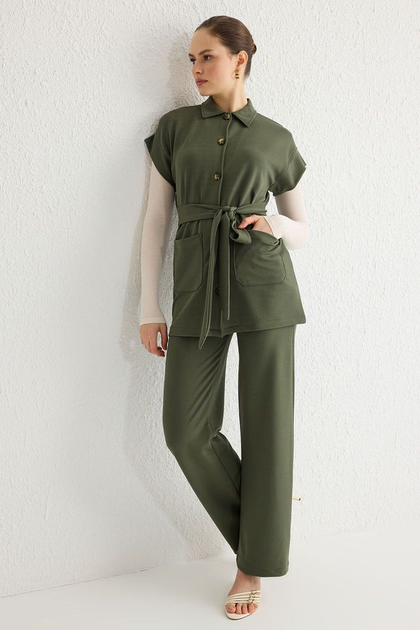 Trendyol Trendyol Khaki Crepe Knitted Top-Bottom Set