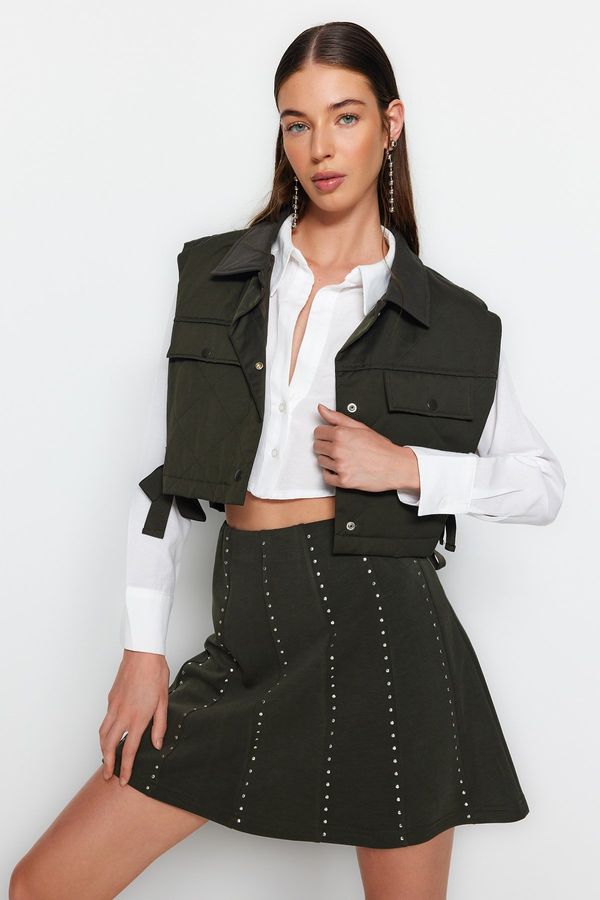 Trendyol Trendyol Khaki Stone Accessory Mini Skater/Knitted Waistless Skirt