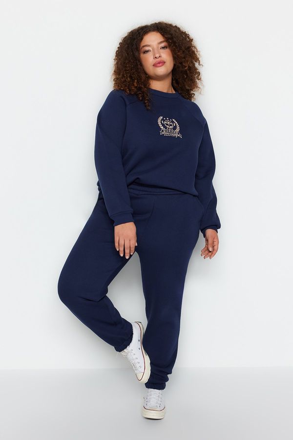 Trendyol Trendyol krivulja mornarsko plavi jogger visokog struka 3-konac s oznakom plus size trenirke.