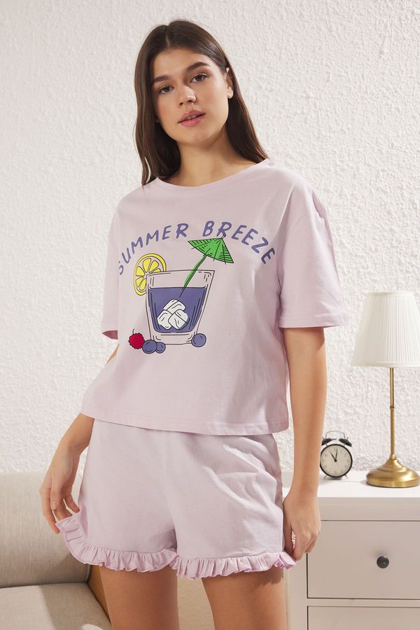 Trendyol Trendyol Lilac 100% Cotton Summer Themed Ruffle Knitted Pajama Set