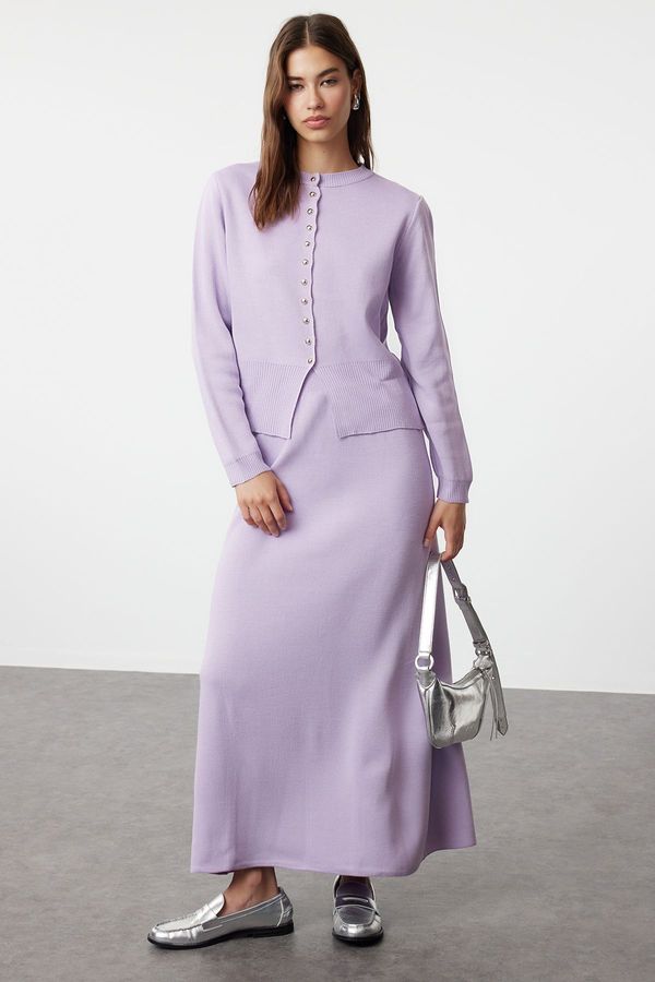 Trendyol Trendyol Lilac Button Detailed Knitwear Cardigan Skirt Bottom-Top Set