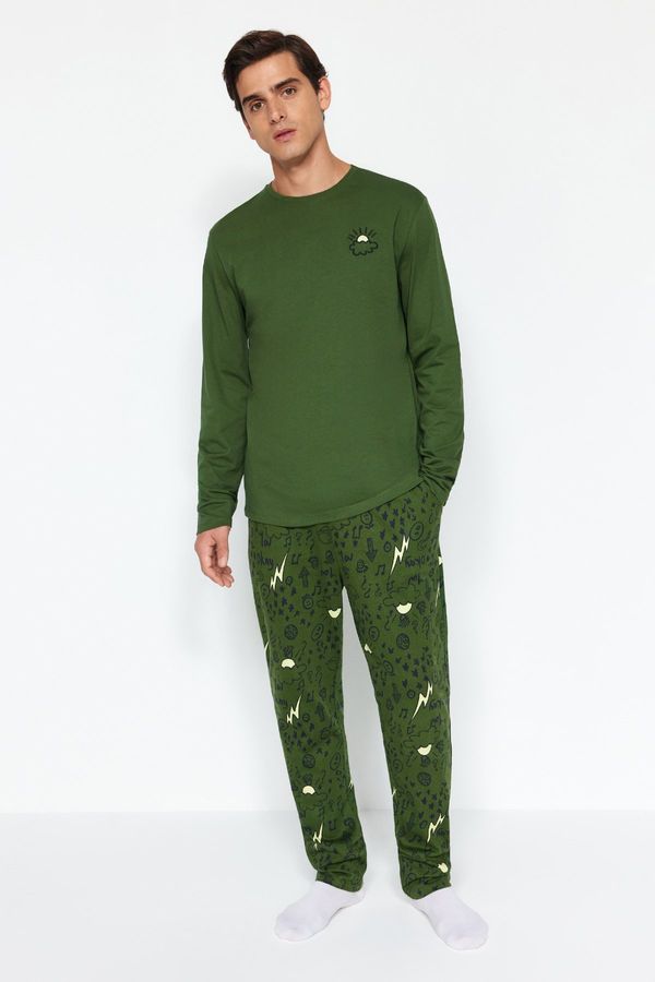 Trendyol Trendyol Men's Khaki Regular Fit Embroidered Knitted Pajama Set