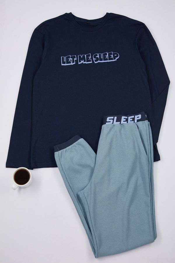 Trendyol Trendyol Men's Navy Blue Regular Fit Elastic Detailed Printed Knitted Pajama Set
