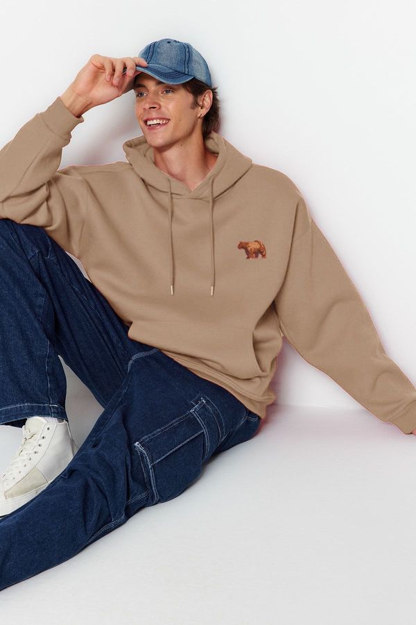 Trendyol Trendyol Mink Oversize/Wide Cut Hooded Animal Embroidered Fleece/Warm Sweatshirt