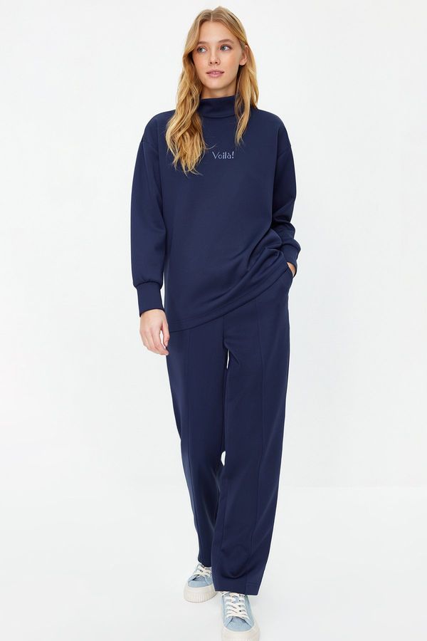 Trendyol Trendyol Navy Blue Embroidery Lettered Diver/Scuba Knitted Tracksuit Set