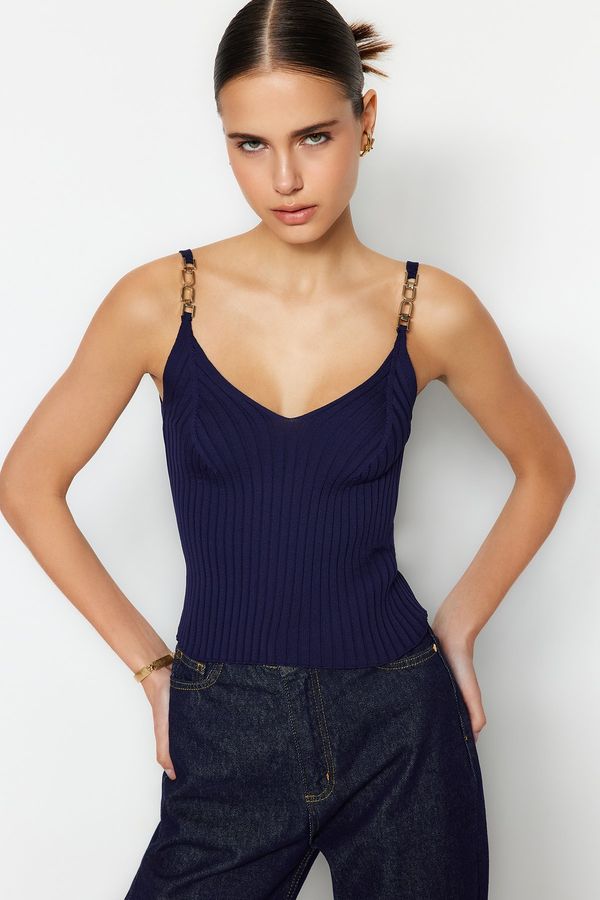 Trendyol Trendyol Navy Blue Knitwear Blouse with Accessory Detail