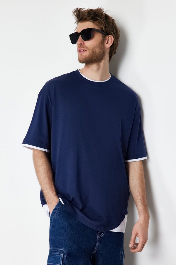 Trendyol Trendyol Navy Blue Muški predimenzionirani / široki rez 100% pamučna majica u boji