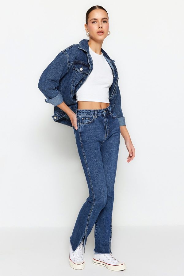 Trendyol Trendyol Navy Blue Prorez High Waist Slim Flare traperice