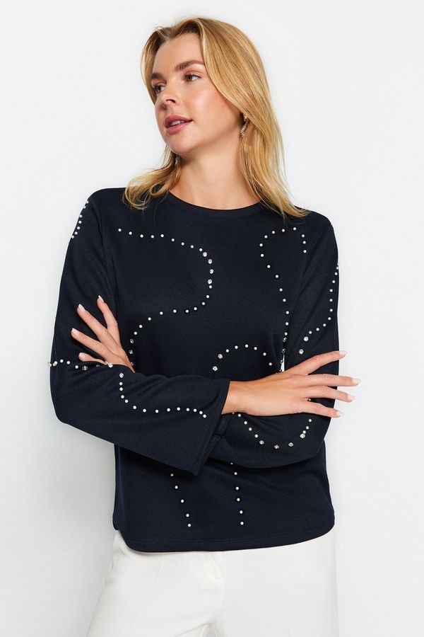 Trendyol Trendyol Navy Blue Stone Detailed Thessaloniki/Knitwear Look Regular/Normal Fit Knitted Sweatshirt